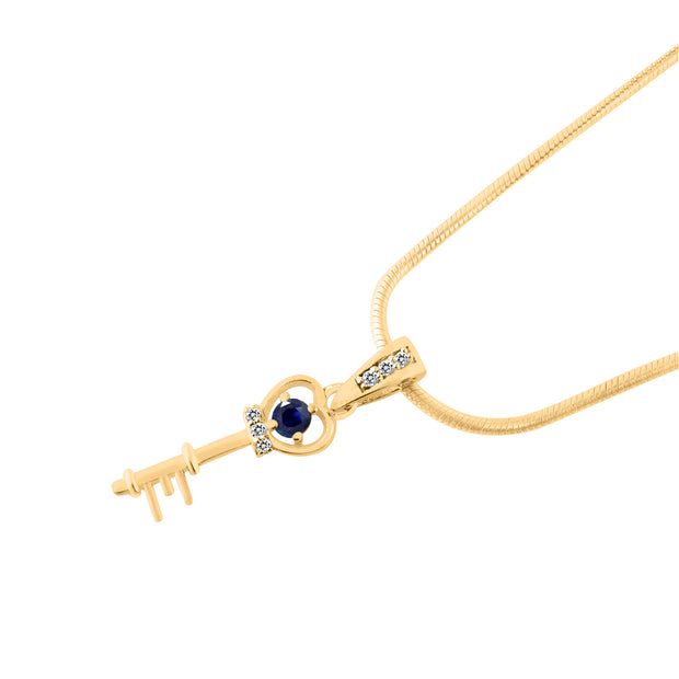 Blue Sapphire Gemstone & Diamond Solid 14k Yellow Gold Key Pendant