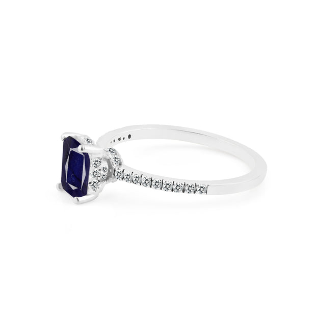 Blue Sapphire & Diamond Gemstone Solid 14k White Gold Ring