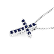 Blue Sapphire Gemstone Solid 14k White Gold Cross Pendant