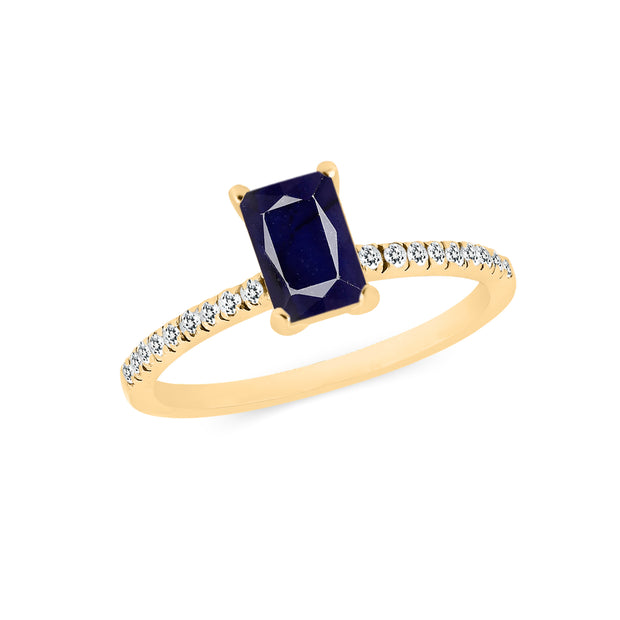 Blue Sapphire & Diamond Gemstone Solid 14k Yellow Gold Ring