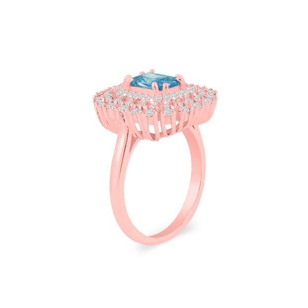Blue Topaz Gemstone & Diamond Solid 14k Rose Gold Ring