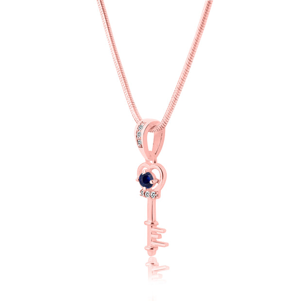 Blue Sapphire Gemstone & Diamond Solid 14k Rose Gold Key Pendant