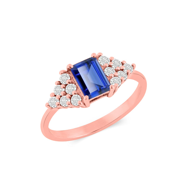 Blue Sapphire Gemstone & Diamond Solid 14k Rose Gold Ring