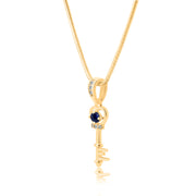 Blue Sapphire Gemstone & Diamond Solid 14k Yellow Gold Key Pendant