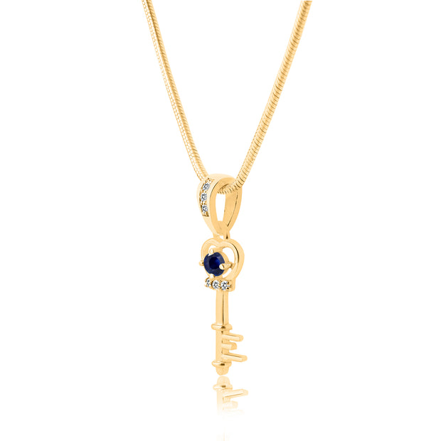 Blue Sapphire Gemstone & Diamond Solid 14k Yellow Gold Key Pendant