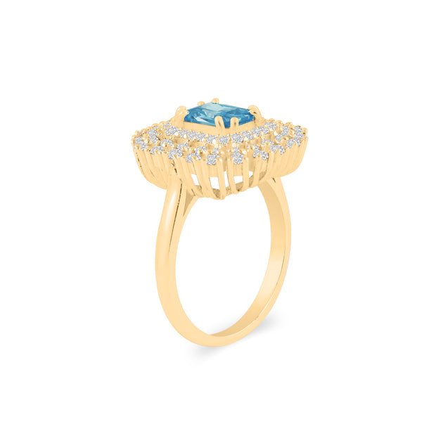 Blue Topaz Gemstone & Diamond Solid 14k Yellow Gold Ring