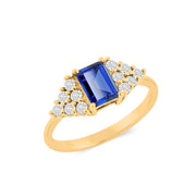 Blue Sapphire Gemstone & Diamond Solid 14k Yellow Gold Ring