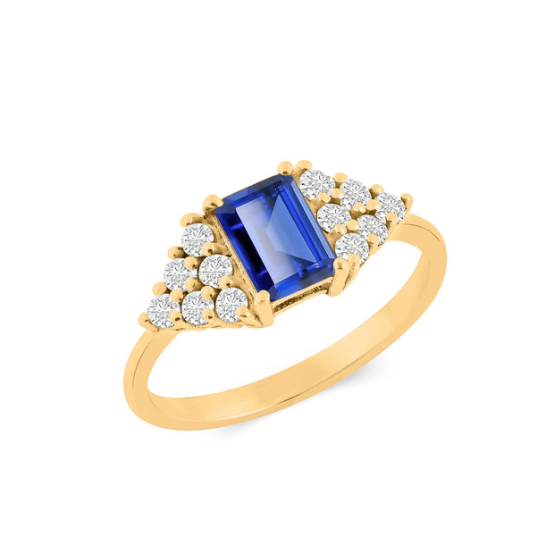 Blue Sapphire Gemstone & Diamond Solid 14k Yellow Gold Ring