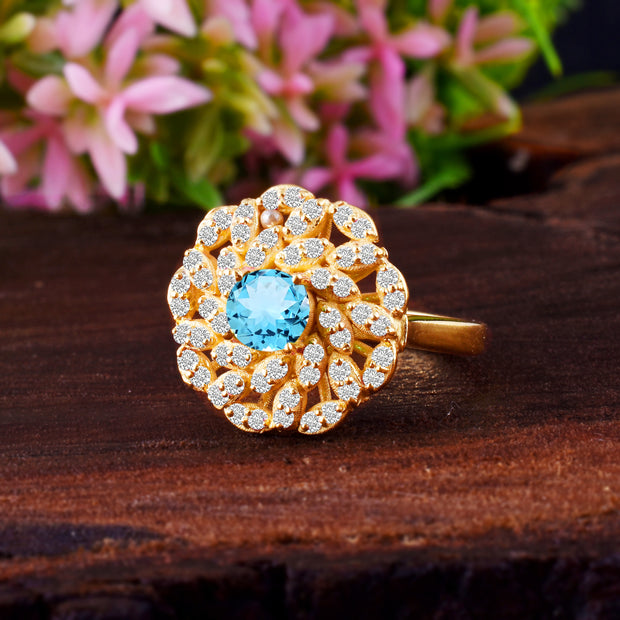 Blue Topaz Gemstone & Diamond Solid 14k Yellow Gold Ring