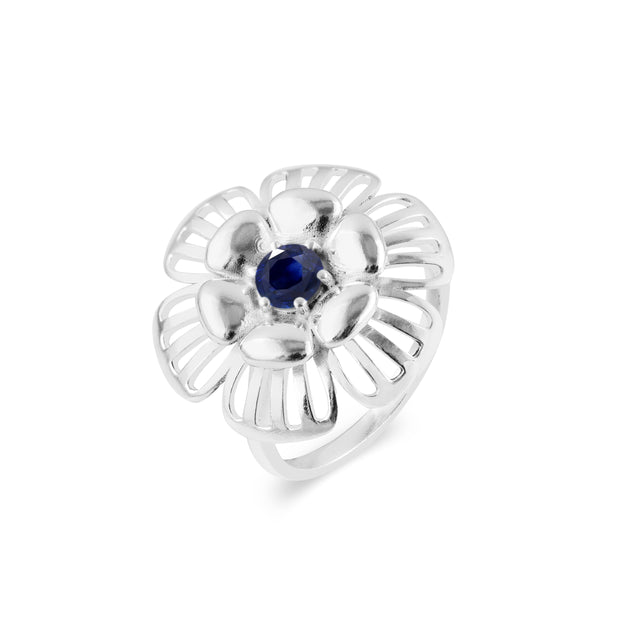 Blue Sapphire Gemstone Solid 14k White Gold Ring