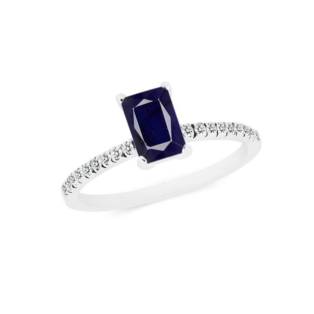 Blue Sapphire & Diamond Gemstone Solid 14k White Gold Ring