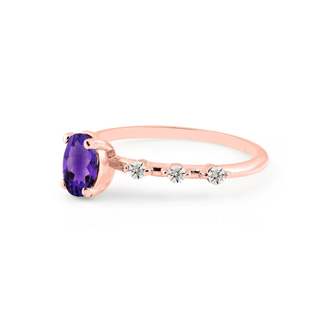 Amethyst & Diamond Gemstone Solid 14k Rose Gold Ring