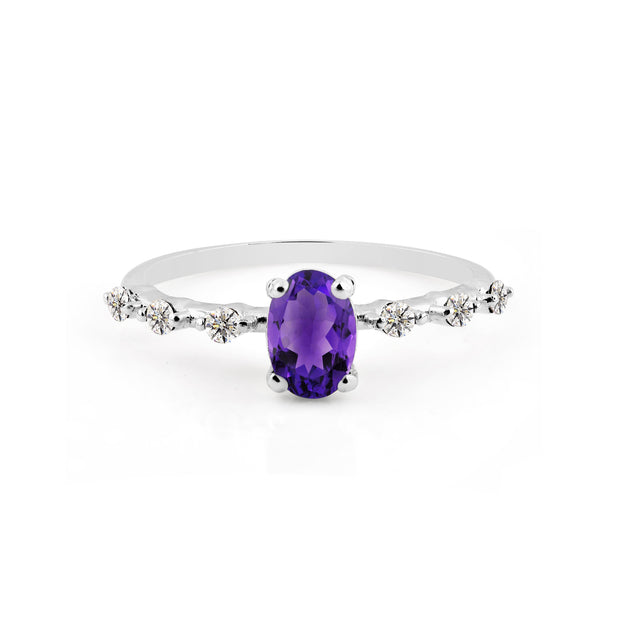 Amethyst & Diamond Gemstone Solid 14k White Gold Ring
