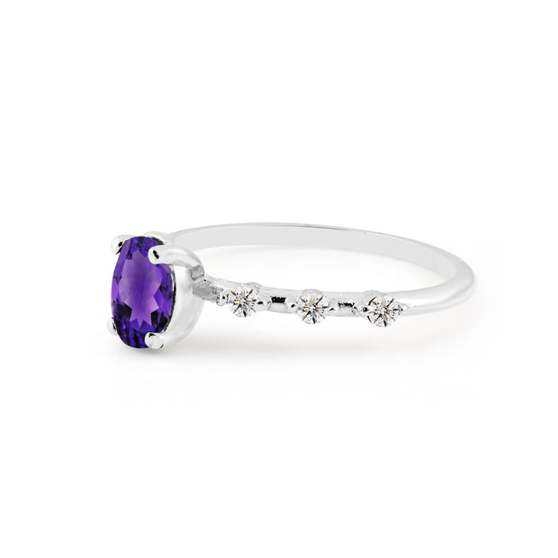 Amethyst & Diamond Gemstone Solid 14k White Gold Ring