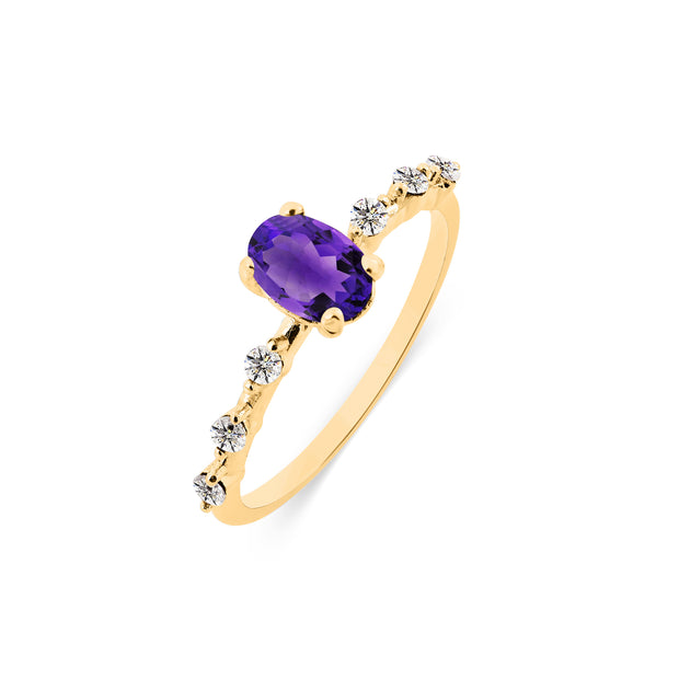 Amethyst & Diamond Gemstone Solid 14k Yellow Gold Ring
