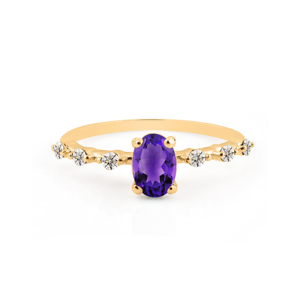 Amethyst & Diamond Gemstone Solid 14k Yellow Gold Ring