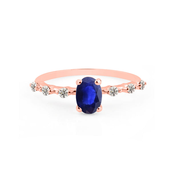 Blue Sapphire & Diamond Gemstone Solid 14k Rose Gold Ring