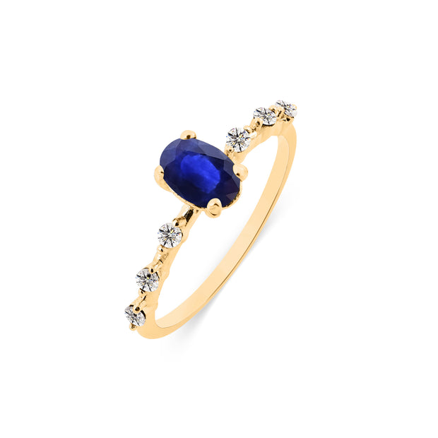 Blue Sapphire & Diamond Gemstone Solid 14k Yellow Gold Ring