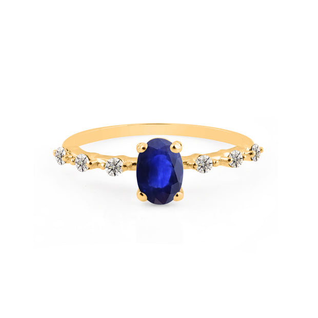 Blue Sapphire & Diamond Gemstone Solid 14k Yellow Gold Ring