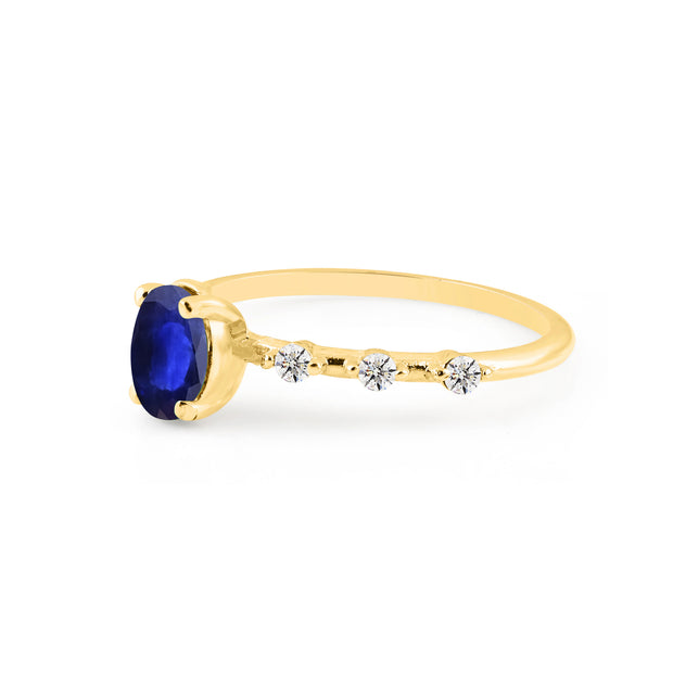 Blue Sapphire & Diamond Gemstone Solid 14k Yellow Gold Ring