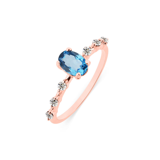 Blue Topaz & Diamond Gemstone Solid 14k Rose Gold Ring