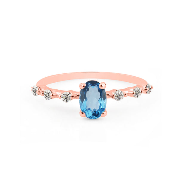 Blue Topaz & Diamond Gemstone Solid 14k Rose Gold Ring