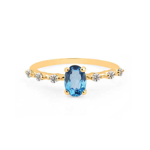 Blue Topaz & Diamond Gemstone Solid 14k Yellow Gold Ring