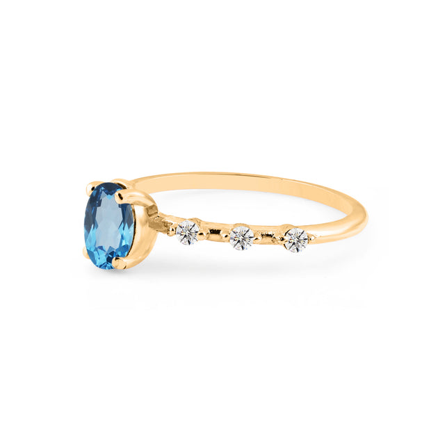 Blue Topaz & Diamond Gemstone Solid 14k Yellow Gold Ring