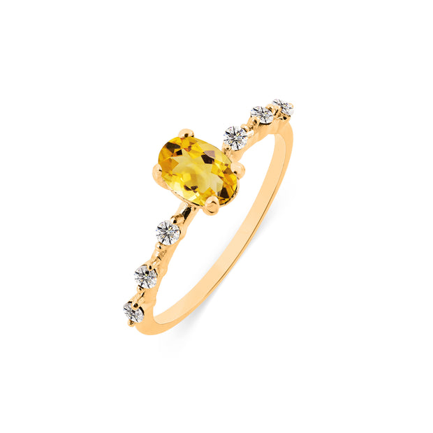 Citrine & Diamond Gemstone Solid 14k Yellow Gold Ring