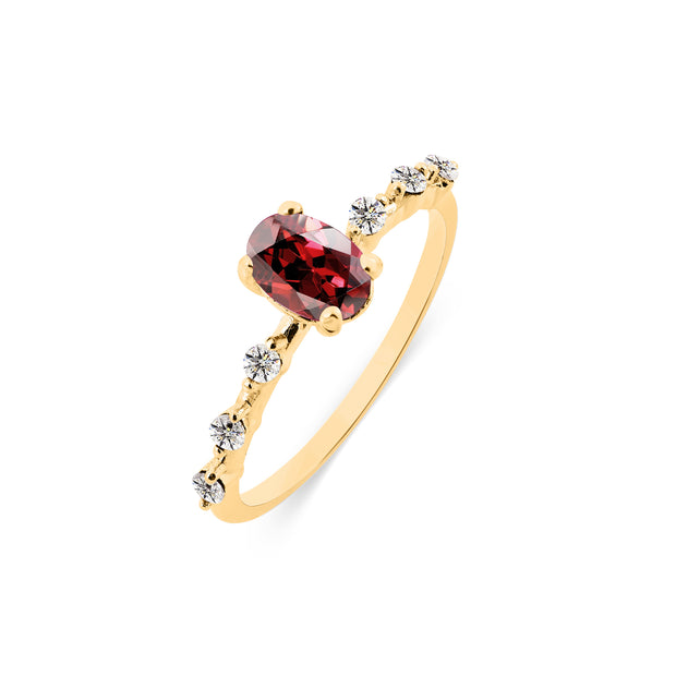Garnet & Diamond Gemstone Solid 14k Yellow Gold Ring