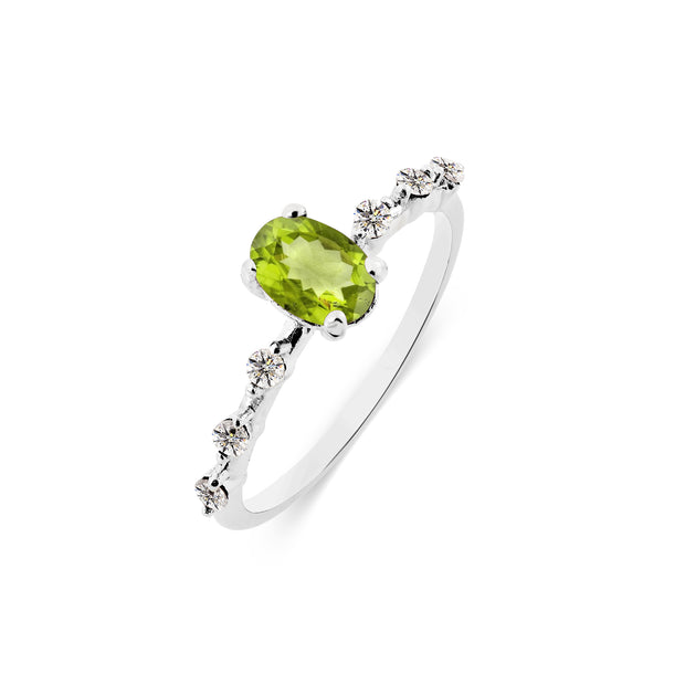 Peridot & Diamond Gemstone Solid 14k White Gold Ring