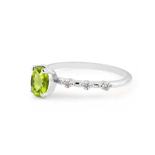 Peridot & Diamond Gemstone Solid 14k White Gold Ring