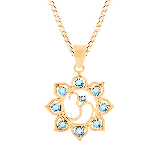 Blue Topaz Gemstone Solid 14k Yellow Gold OM Pendant