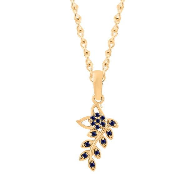 Blue Sapphire Gemstone Solid 14k Yellow Gold Leaf Pendant