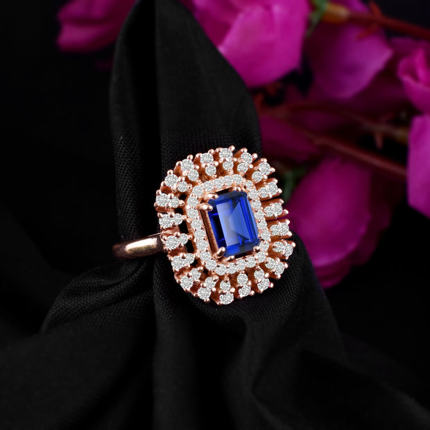 Blue Sapphire Gemstone & Diamond Solid 14k Rose Gold Ring