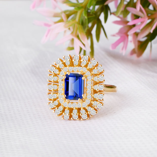 Blue Sapphire Gemstone & Diamond Solid 14k Yellow Gold Ring