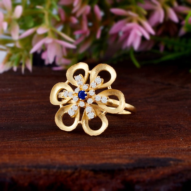Blue Sapphire Gemstone & Diamond Solid 14k Yellow Gold Ring