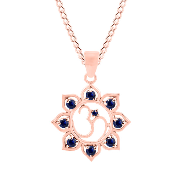 Blue Sapphire Gemstone Solid 14k Rose Gold OM Pendant