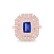 Blue Sapphire Gemstone & Diamond Solid 14k Rose Gold Ring