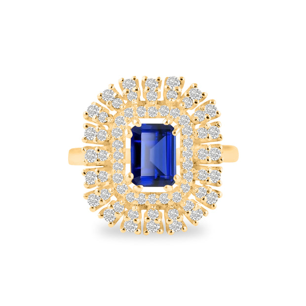 Blue Sapphire Gemstone & Diamond Solid 14k Yellow Gold Ring
