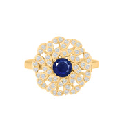 Blue Sapphire Gemstone & Diamond Solid 14k Yellow Gold Ring