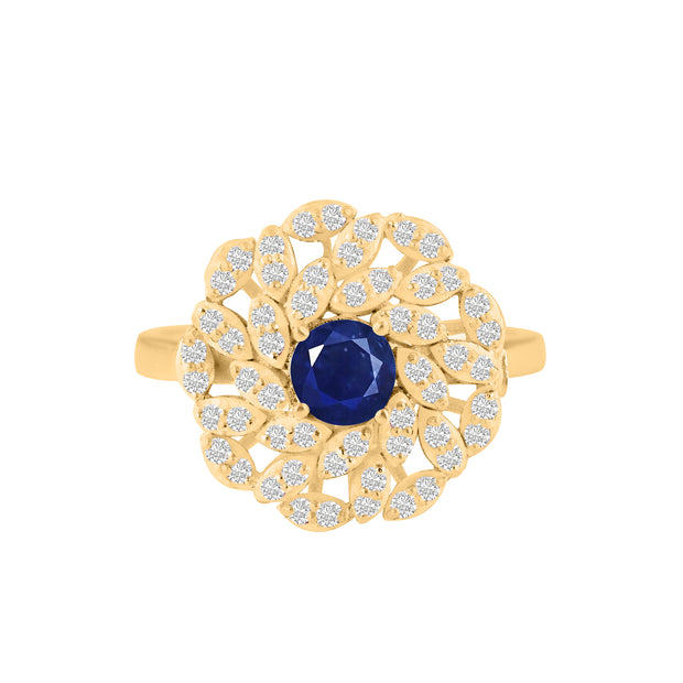 Blue Sapphire Gemstone & Diamond Solid 14k Yellow Gold Ring