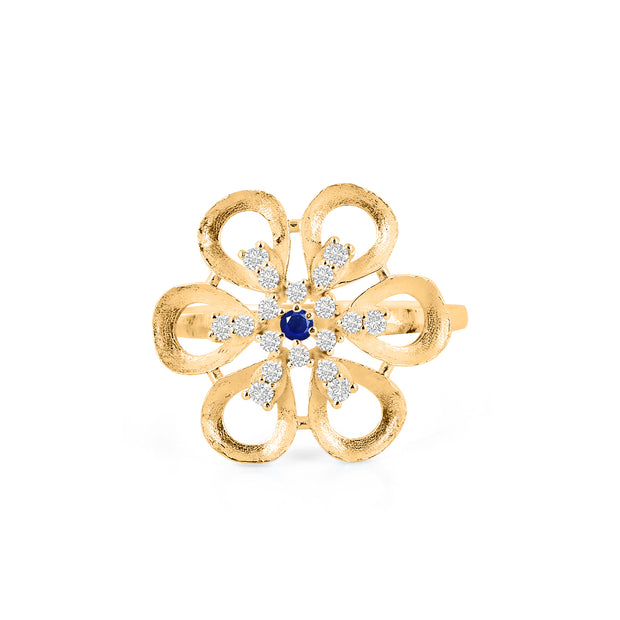 Blue Sapphire Gemstone & Diamond Solid 14k Yellow Gold Ring