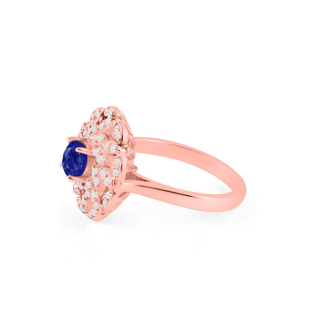 Blue Sapphire Gemstone & Diamond Solid 14k Rose Gold Ring