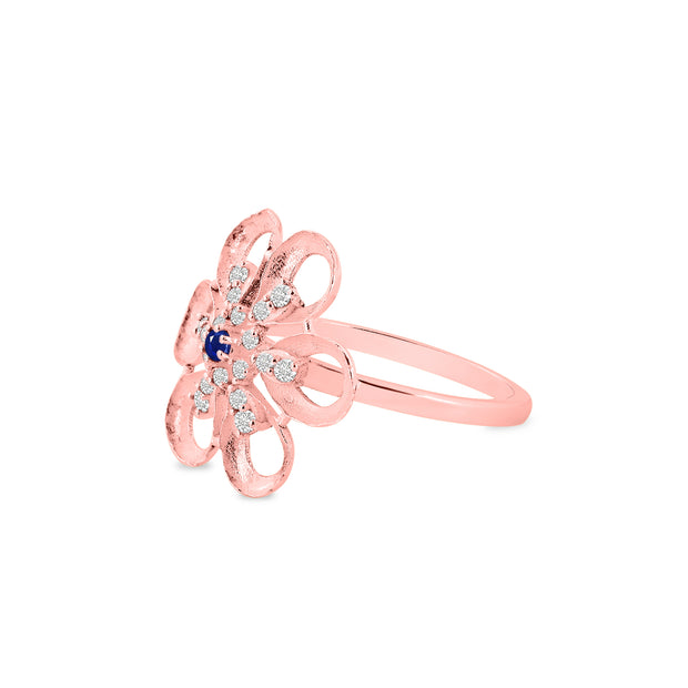 Blue Sapphire Gemstone & Diamond Solid 14k Rose Gold Ring
