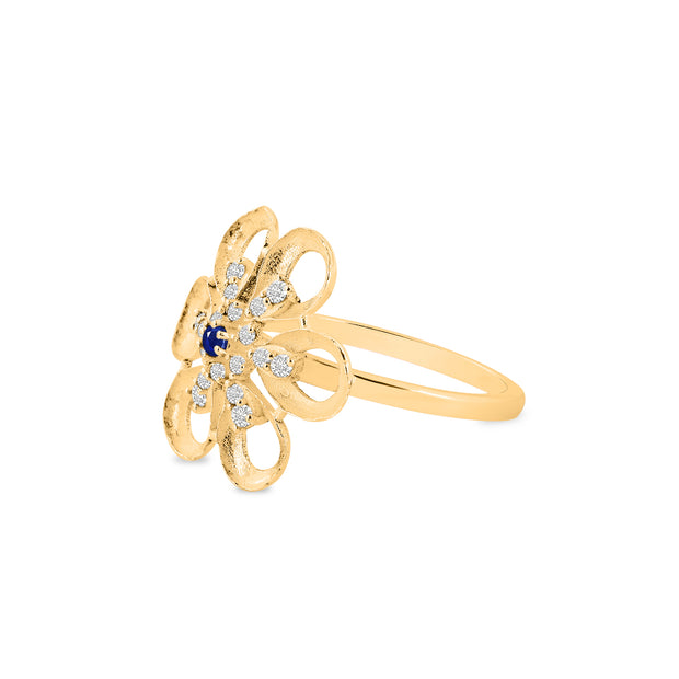 Blue Sapphire Gemstone & Diamond Solid 14k Yellow Gold Ring