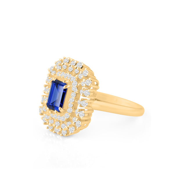 Blue Sapphire Gemstone & Diamond Solid 14k Yellow Gold Ring