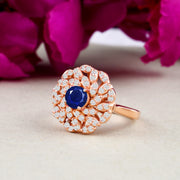 Blue Sapphire Gemstone & Diamond Solid 14k Rose Gold Ring