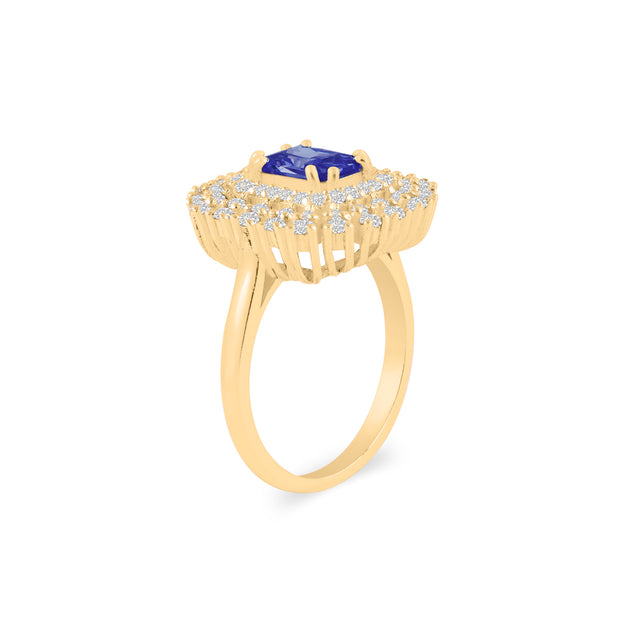 Blue Sapphire Gemstone & Diamond Solid 14k Yellow Gold Ring