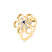 Blue Sapphire Gemstone & Diamond Solid 14k Yellow Gold Ring